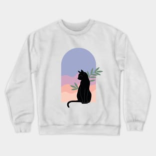 Вoho minimalist black cat with plants and sunset Crewneck Sweatshirt